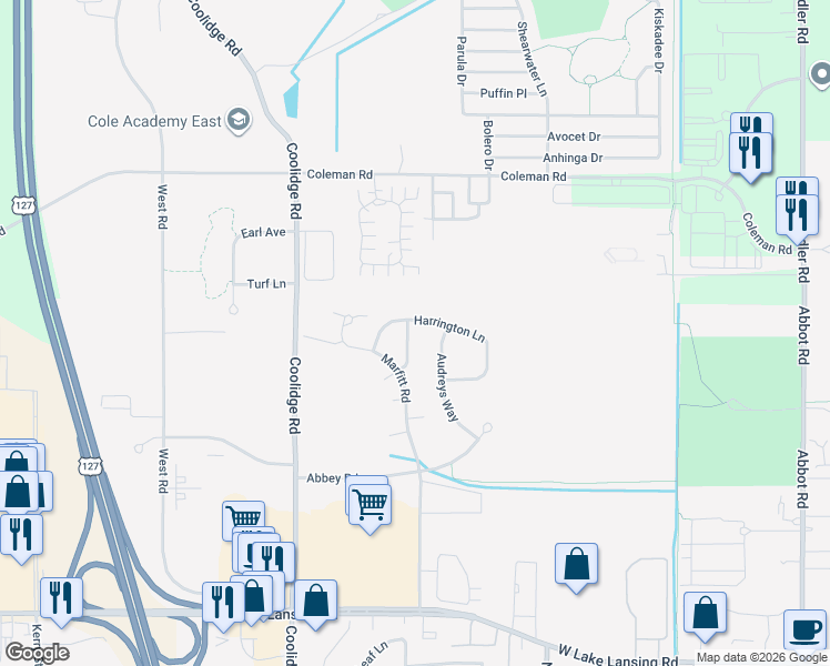 map of restaurants, bars, coffee shops, grocery stores, and more near 2933 Audreys Way in East Lansing