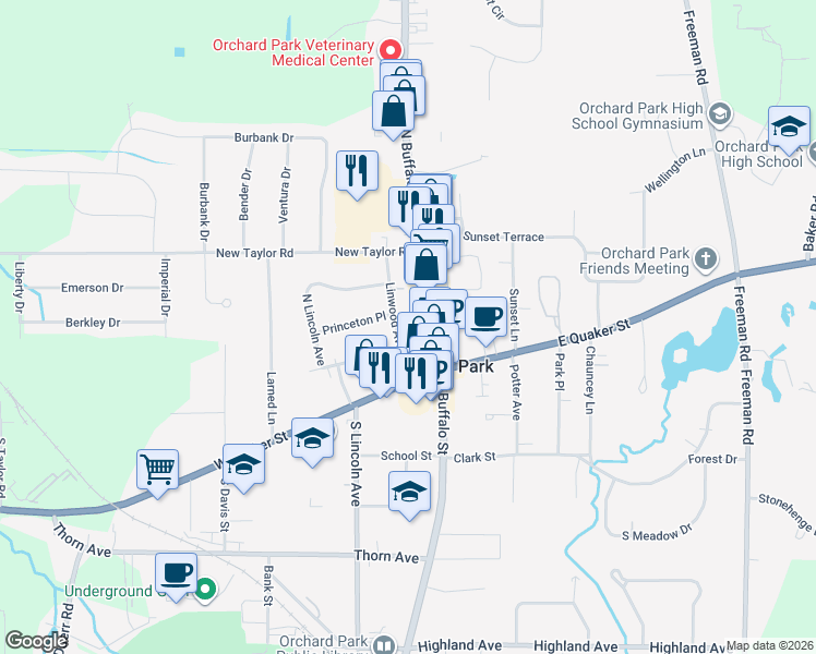 map of restaurants, bars, coffee shops, grocery stores, and more near 32 Linwood Avenue in Orchard Park