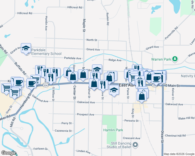 map of restaurants, bars, coffee shops, grocery stores, and more near 430 Main Street in East Aurora