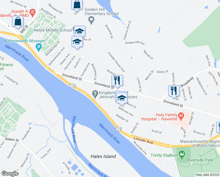map of restaurants, bars, coffee shops, grocery stores, and more near 52 Haverhill Street in Haverhill