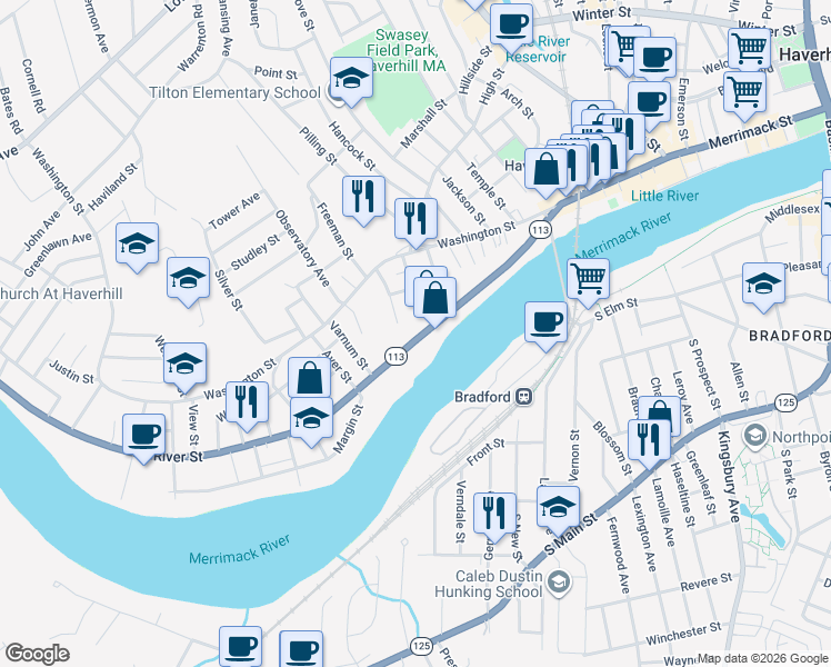 map of restaurants, bars, coffee shops, grocery stores, and more near 264 River Street in Haverhill