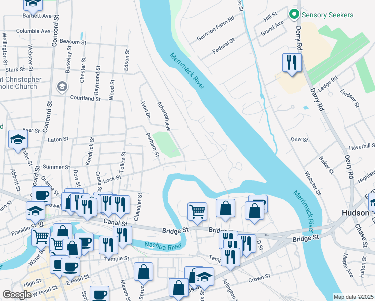 map of restaurants, bars, coffee shops, grocery stores, and more near 115 Lock Street in Nashua