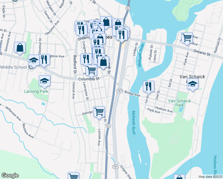 map of restaurants, bars, coffee shops, grocery stores, and more near 11 Newark Street in Cohoes