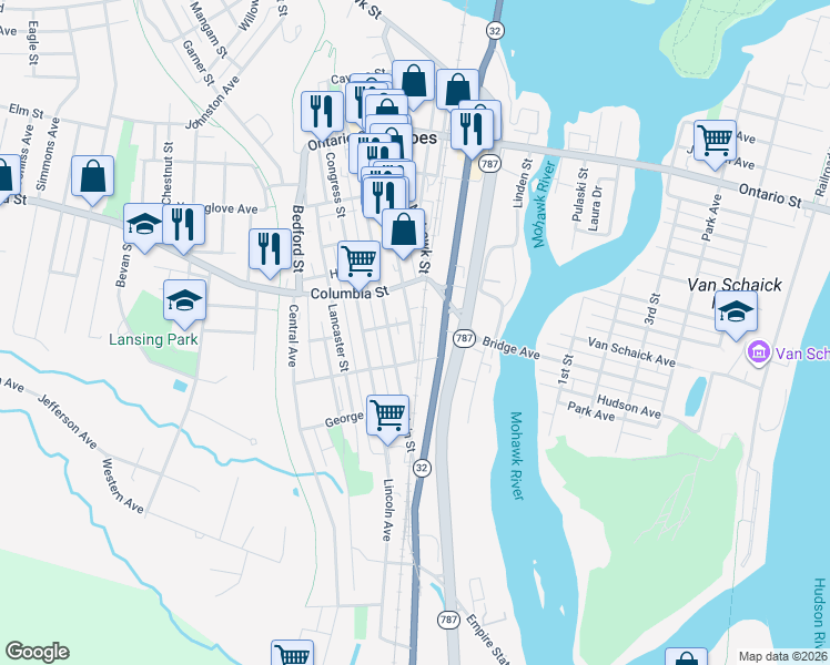 map of restaurants, bars, coffee shops, grocery stores, and more near 11 Newark Street in Cohoes