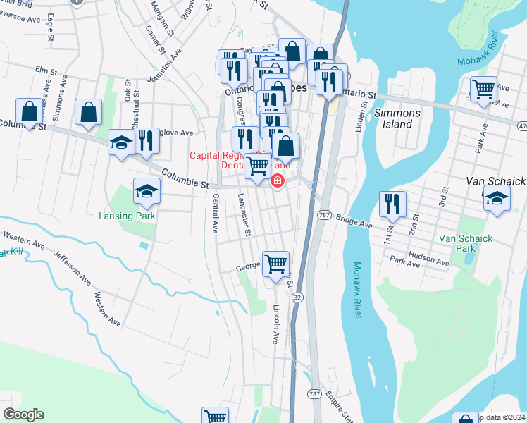 map of restaurants, bars, coffee shops, grocery stores, and more near 145 Main Street in Cohoes