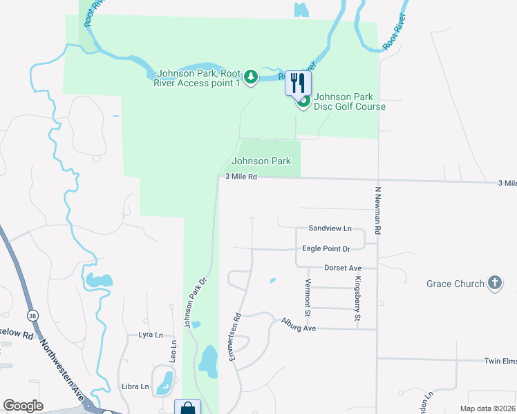 map of restaurants, bars, coffee shops, grocery stores, and more near 3845 Emmertsen Road in Racine