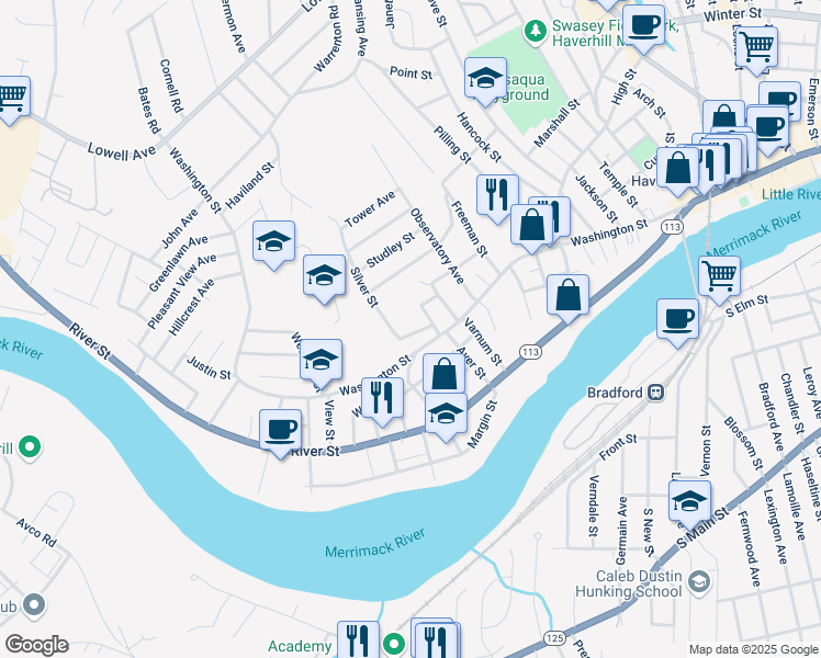 map of restaurants, bars, coffee shops, grocery stores, and more near 17 Davis Street in Haverhill