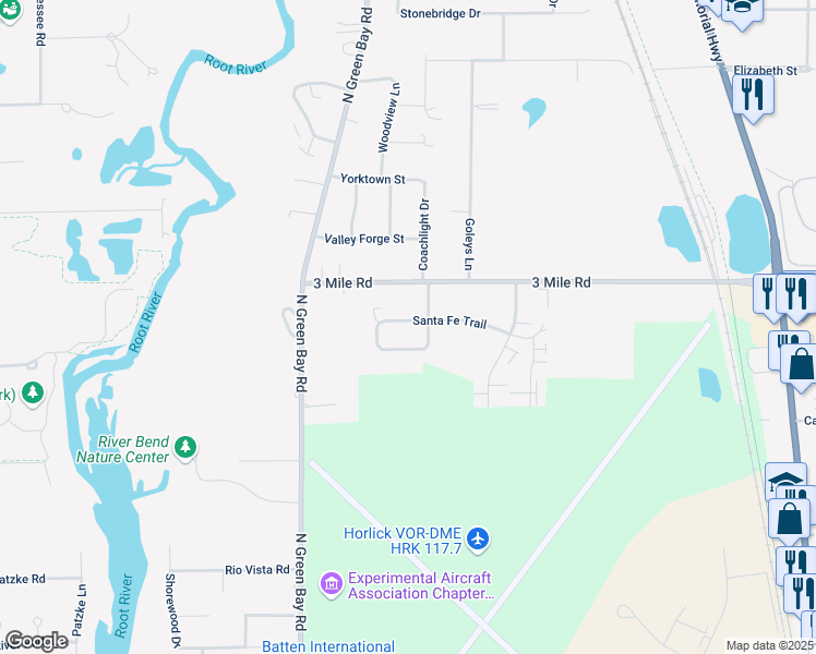 map of restaurants, bars, coffee shops, grocery stores, and more near 3019 Santa Fe Trail in Racine