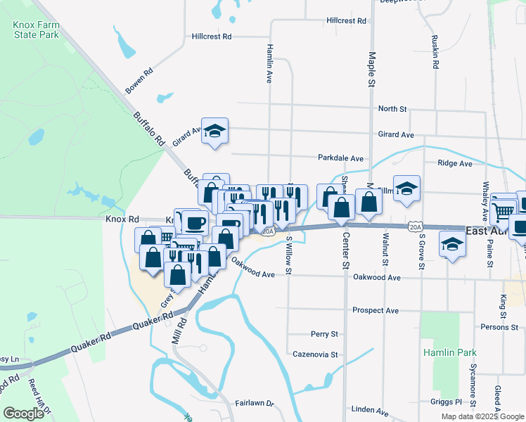 map of restaurants, bars, coffee shops, grocery stores, and more near 206 Main Street in East Aurora