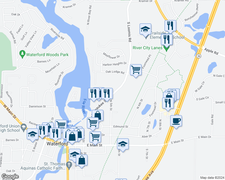 map of restaurants, bars, coffee shops, grocery stores, and more near 316 North Milwaukee Street in Waterford