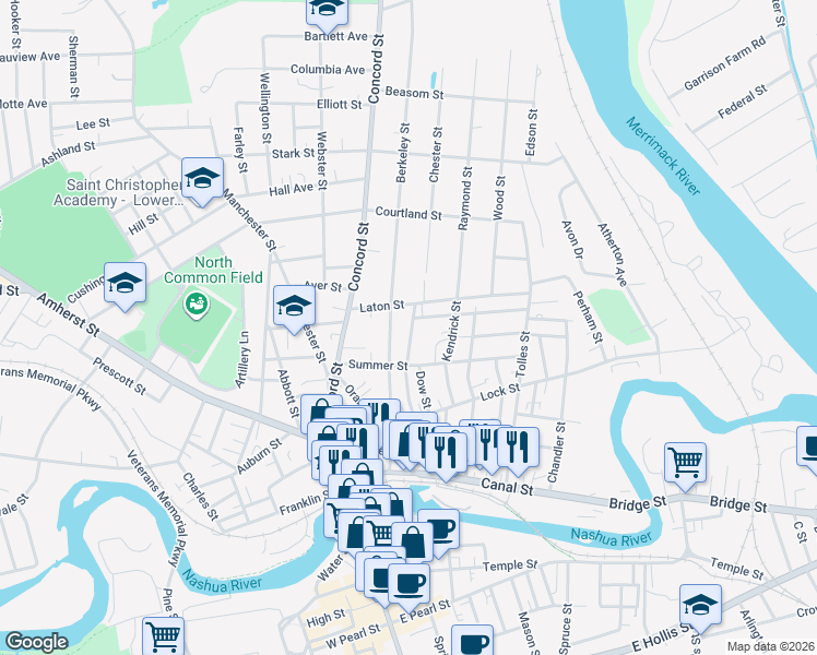 map of restaurants, bars, coffee shops, grocery stores, and more near 1 Berkeley Street in Nashua