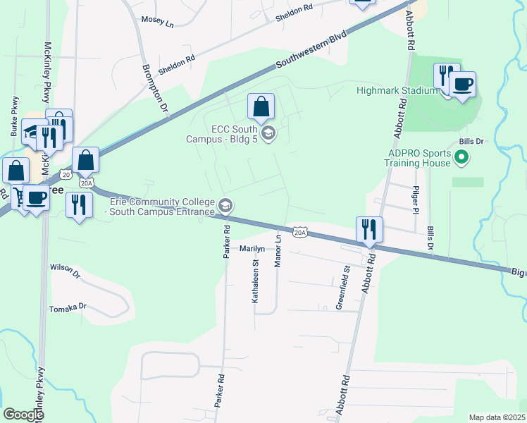 map of restaurants, bars, coffee shops, grocery stores, and more near 4942 Big Tree Road in Hamburg
