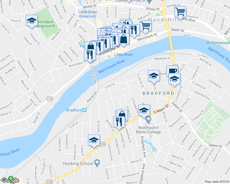 map of restaurants, bars, coffee shops, grocery stores, and more near 17 Abbott Street in Haverhill