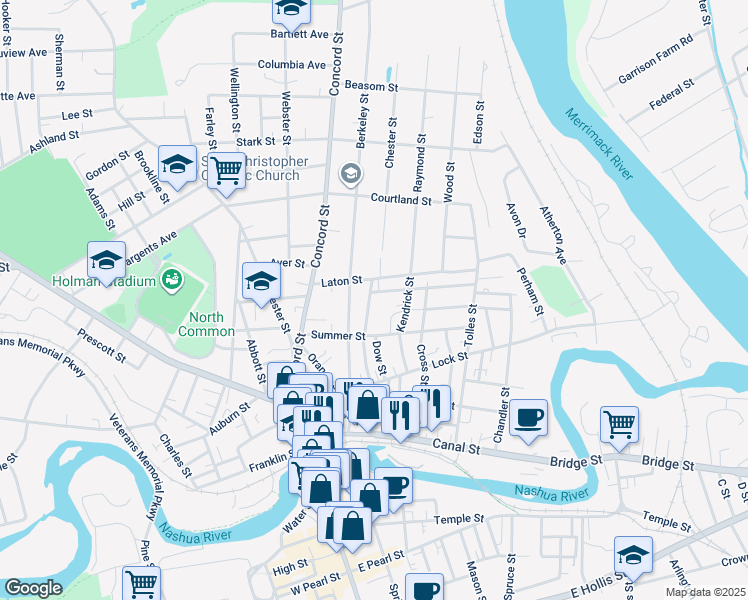 map of restaurants, bars, coffee shops, grocery stores, and more near 1 Berkeley Street in Nashua