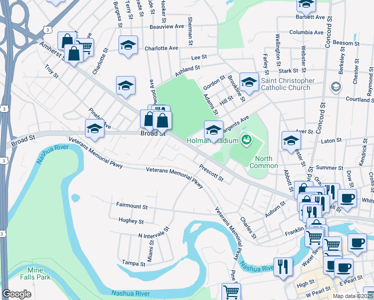 map of restaurants, bars, coffee shops, grocery stores, and more near 100 Amherst Street in Nashua