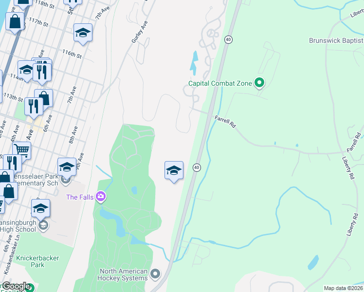map of restaurants, bars, coffee shops, grocery stores, and more near 13 Stoneledge Drive in Troy