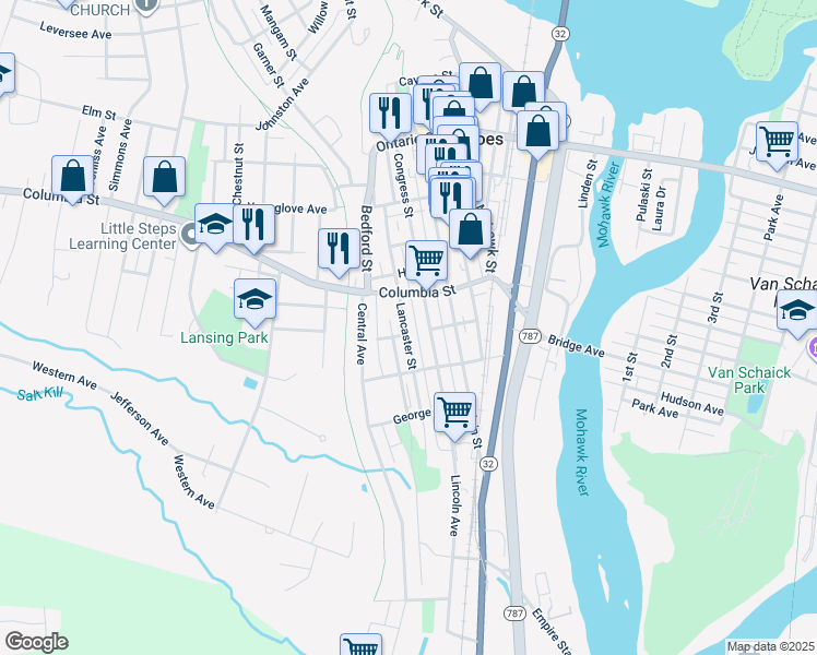 map of restaurants, bars, coffee shops, grocery stores, and more near 60 Columbia Street in Cohoes