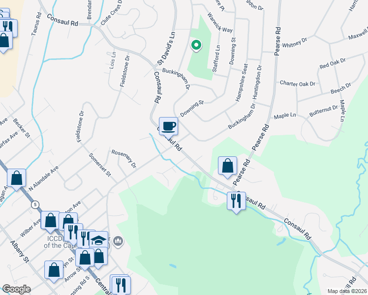 map of restaurants, bars, coffee shops, grocery stores, and more near 4300 Buckingham Drive in Schenectady