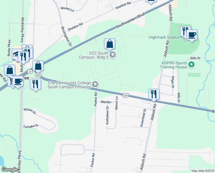 map of restaurants, bars, coffee shops, grocery stores, and more near 4942 Big Tree Road in Hamburg