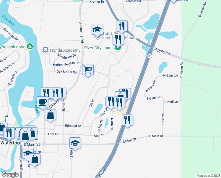 map of restaurants, bars, coffee shops, grocery stores, and more near 514 Foxmead Drive in Waterford