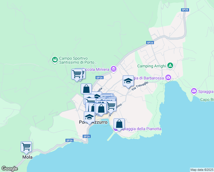 map of restaurants, bars, coffee shops, grocery stores, and more near 28 Via Ilario Zambelli in Porto Azzurro