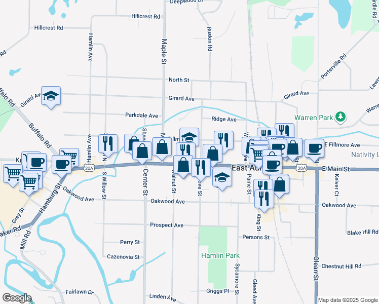 map of restaurants, bars, coffee shops, grocery stores, and more near 430 Main Street in East Aurora
