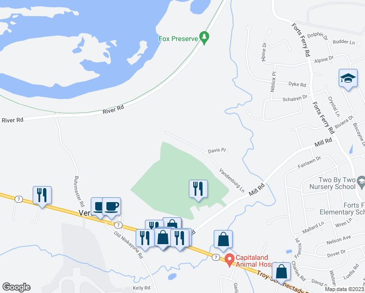 map of restaurants, bars, coffee shops, grocery stores, and more near 33 Vandenburg Lane in Latham