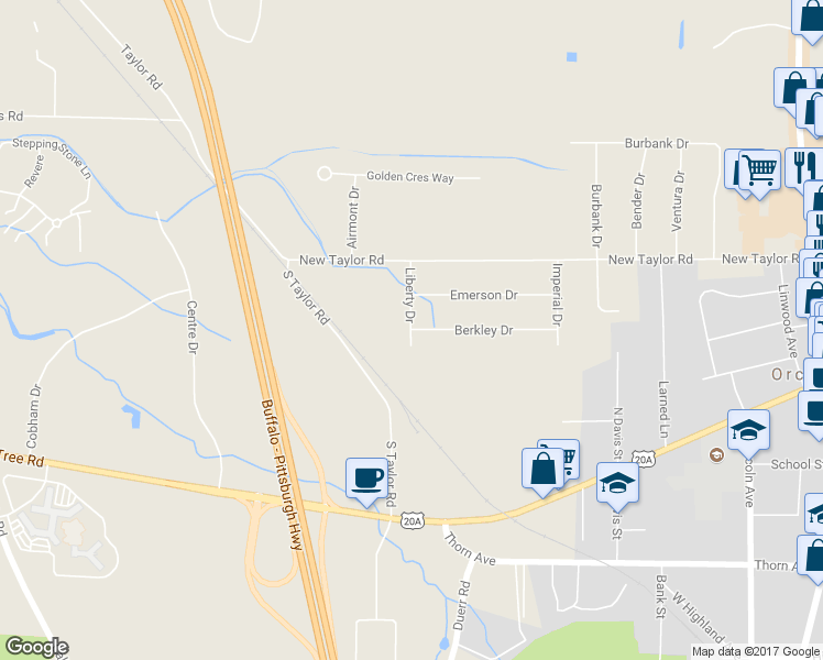 map of restaurants, bars, coffee shops, grocery stores, and more near 4201 Liberty Drive in Orchard Park