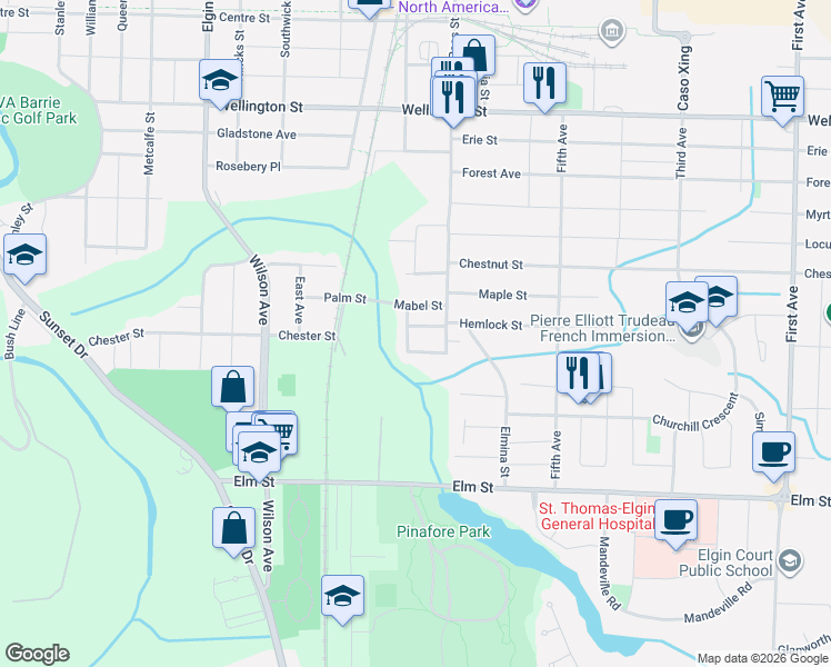 map of restaurants, bars, coffee shops, grocery stores, and more near 14 Mabel Street in St. Thomas