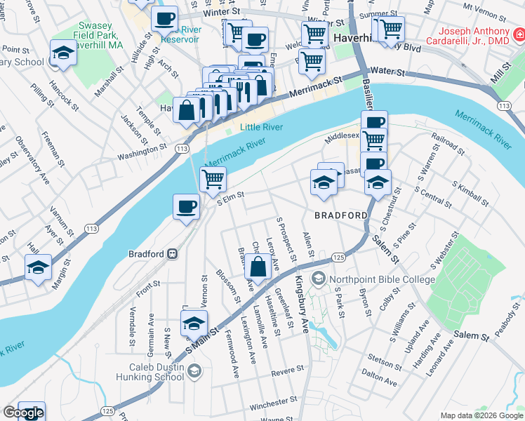 map of restaurants, bars, coffee shops, grocery stores, and more near 68 Lockwood Street in Haverhill