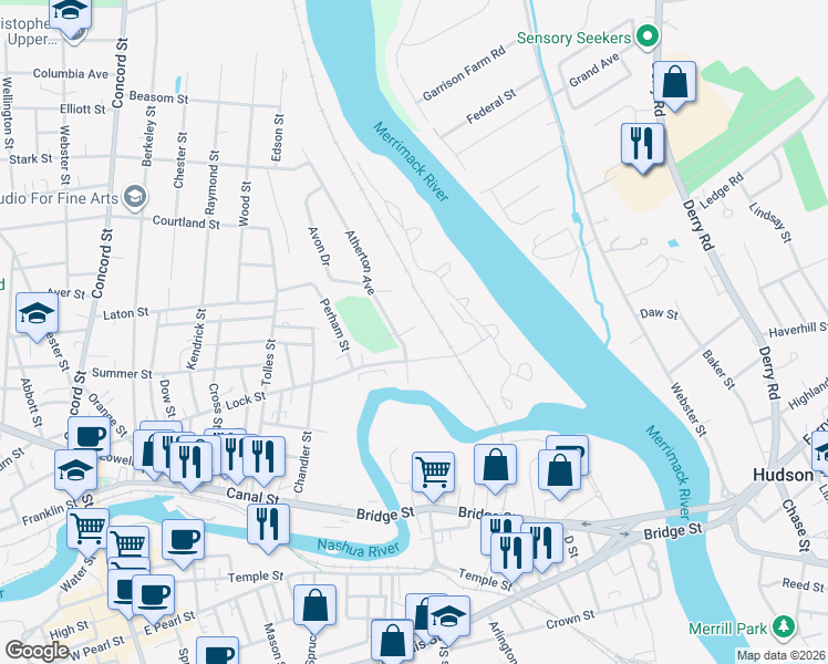 map of restaurants, bars, coffee shops, grocery stores, and more near 7 Atherton Avenue in Nashua