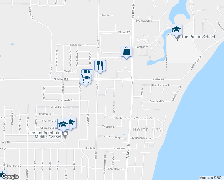 map of restaurants, bars, coffee shops, grocery stores, and more near 507 Greenfield Road in Racine