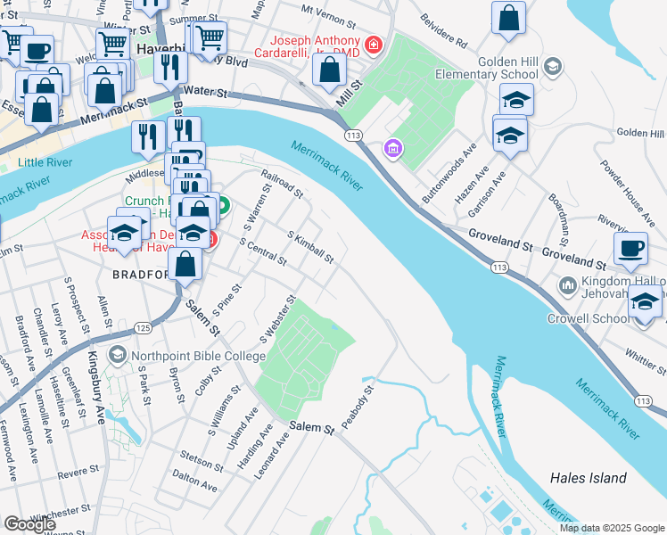 map of restaurants, bars, coffee shops, grocery stores, and more near 65 South Kimball Street in Haverhill