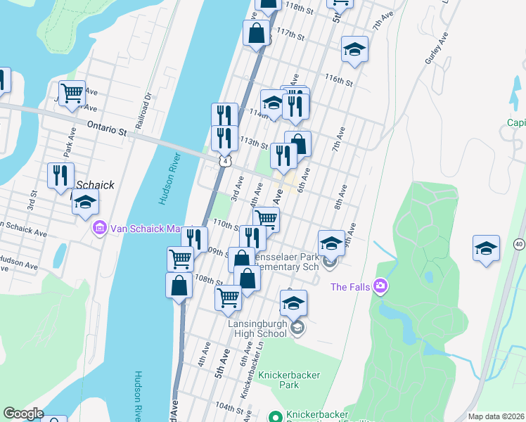 map of restaurants, bars, coffee shops, grocery stores, and more near 441 4th Avenue in Troy