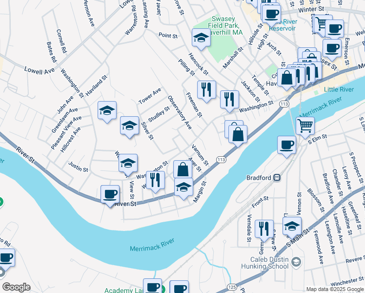 map of restaurants, bars, coffee shops, grocery stores, and more near 4 Marble Street in Haverhill