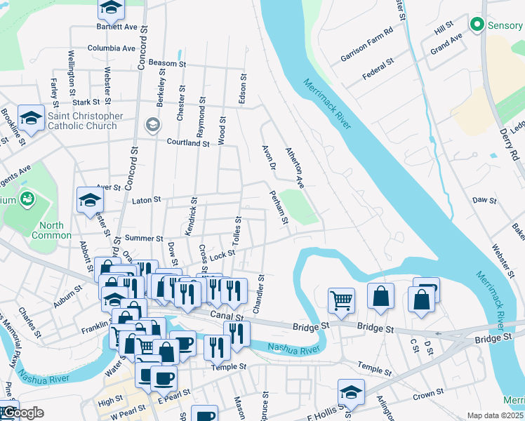 map of restaurants, bars, coffee shops, grocery stores, and more near 22 Berkshire Road in Nashua