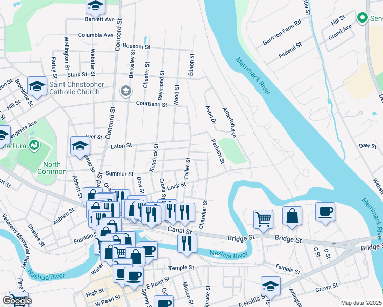 map of restaurants, bars, coffee shops, grocery stores, and more near 27 Avon Drive in Nashua
