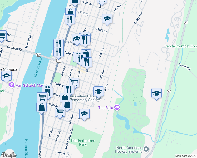 map of restaurants, bars, coffee shops, grocery stores, and more near 472 7th Avenue in Troy