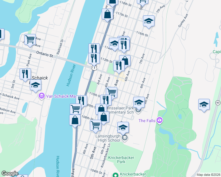 map of restaurants, bars, coffee shops, grocery stores, and more near 441 4th Avenue in Troy