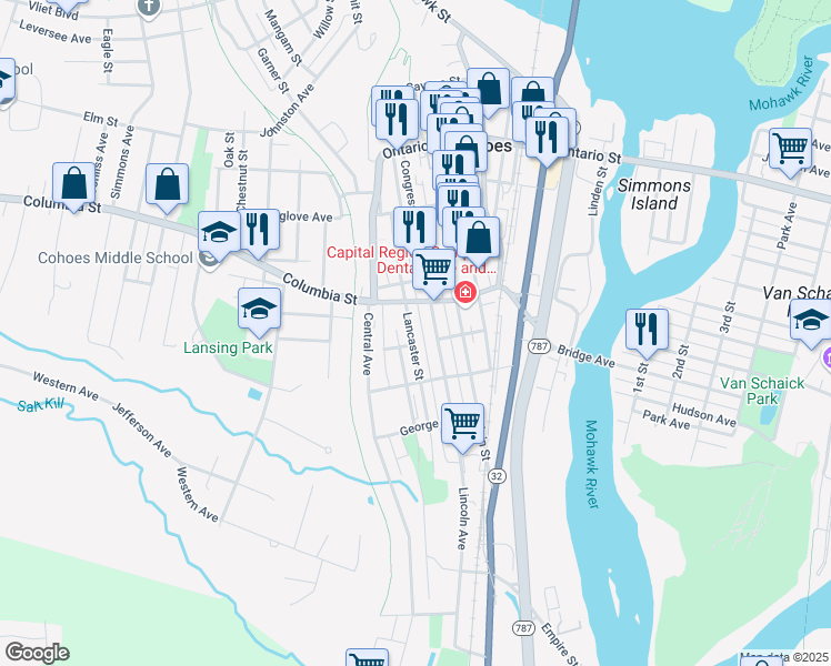 map of restaurants, bars, coffee shops, grocery stores, and more near 60 Columbia Street in Cohoes