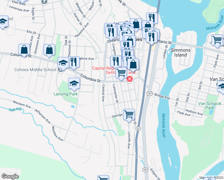 map of restaurants, bars, coffee shops, grocery stores, and more near 16 Sandusky Street in Cohoes