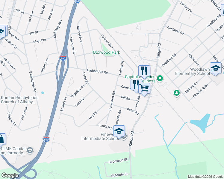 map of restaurants, bars, coffee shops, grocery stores, and more near 1776 Devendorf Road in Schenectady
