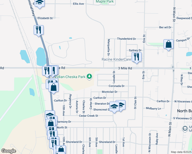 map of restaurants, bars, coffee shops, grocery stores, and more near 1140 Berkeley Drive in Racine
