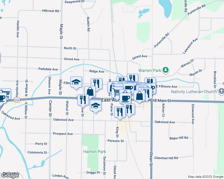 map of restaurants, bars, coffee shops, grocery stores, and more near 576 Fillmore Avenue in East Aurora