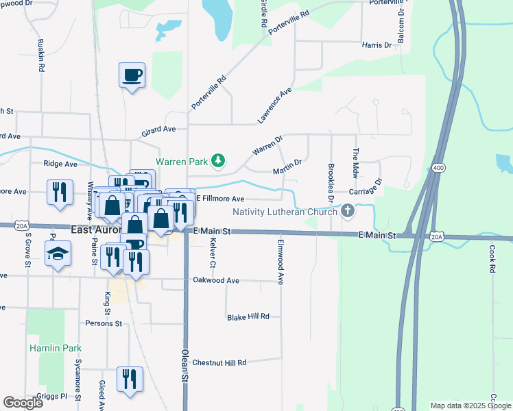 map of restaurants, bars, coffee shops, grocery stores, and more near 854 East Fillmore Avenue in East Aurora