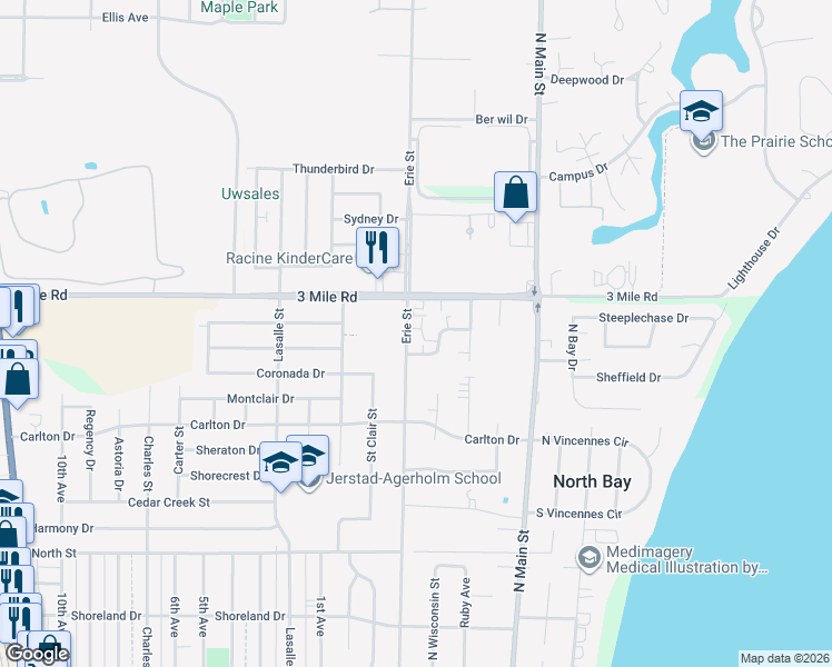map of restaurants, bars, coffee shops, grocery stores, and more near 3917 Erie Street in Racine