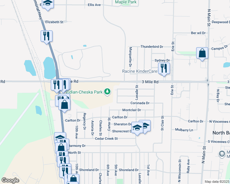 map of restaurants, bars, coffee shops, grocery stores, and more near 1140 Berkeley Drive in Racine