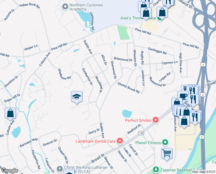 map of restaurants, bars, coffee shops, grocery stores, and more near 47 Dublin Avenue in Nashua