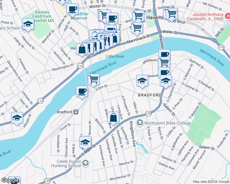 map of restaurants, bars, coffee shops, grocery stores, and more near 6 Lockwood Street in Haverhill