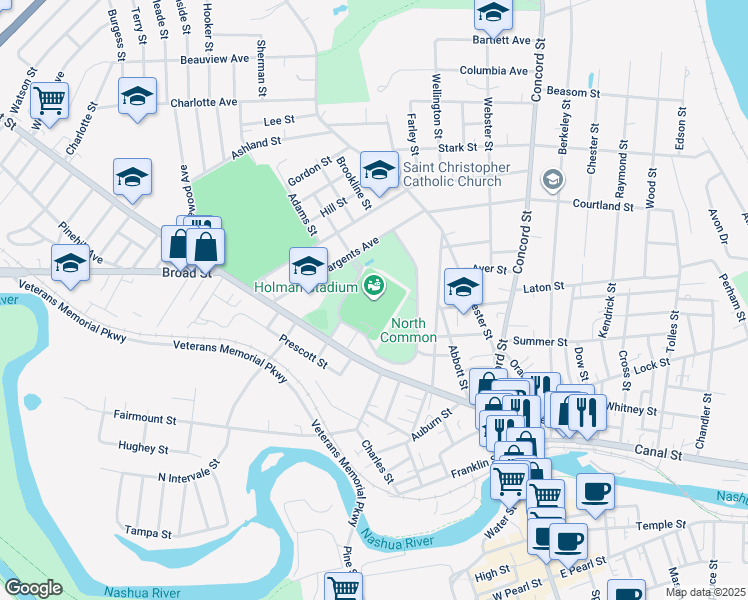 map of restaurants, bars, coffee shops, grocery stores, and more near 67 Amherst Street in Nashua